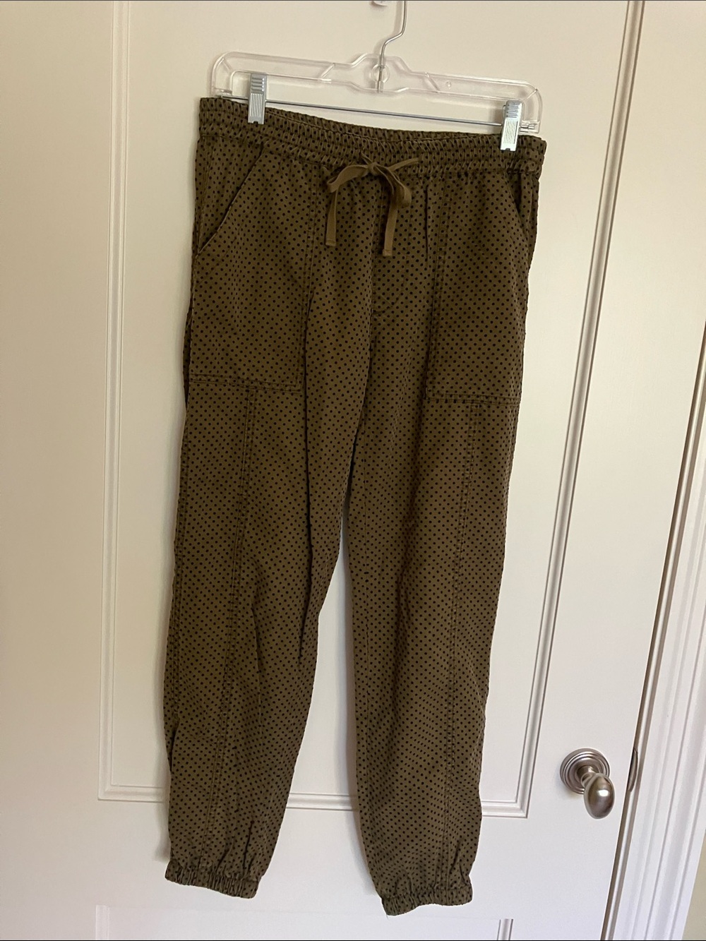 Anthropologie Olive Green Drawstring Joggers with Subtle Dot Print